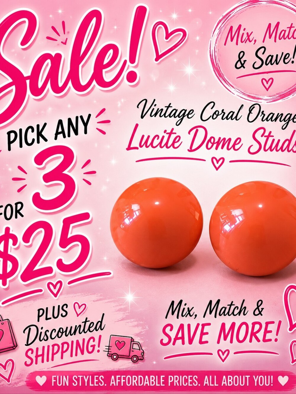 Vintage Coral Orange Lucite Dome Button Earrings Retro Statement Round Studs